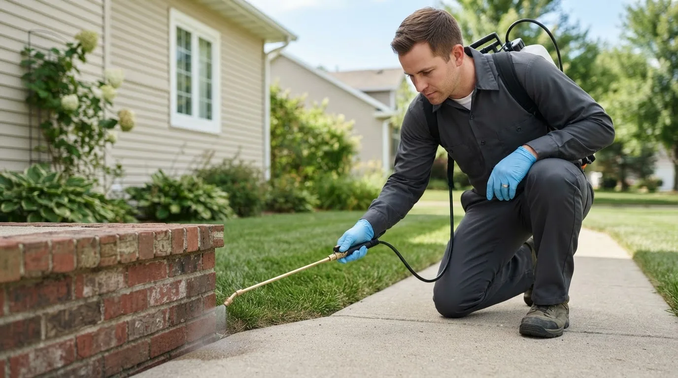 Pest control technician treating a home near East Lansing, MI