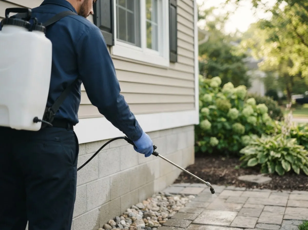 Pest control technician inspecting a home in East Lansing, MI